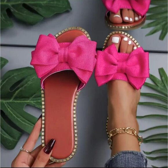 Women's Pink Brown Bow Knot Open Toe Slip On Slides Flat Slippers Sandals - Picture 2 of 4
